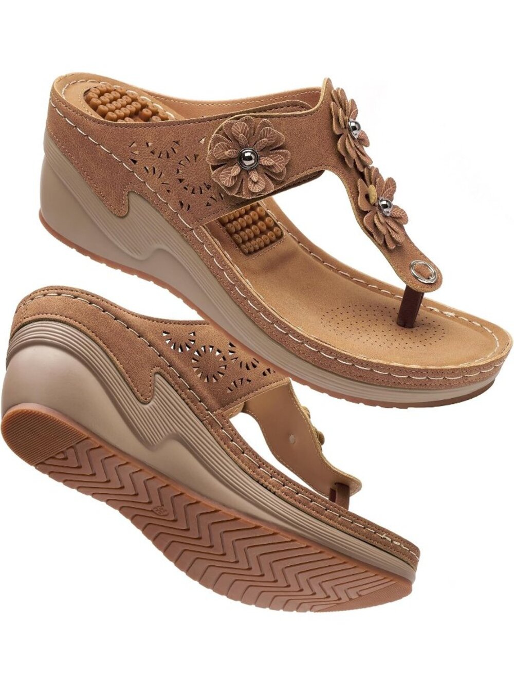 Women's Brown Adjustable Strap Casual Platform Flip Flops Heels Wedge Sandals